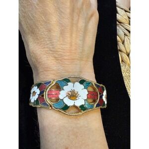 Vintage Cloisonne Enamel Floral Bangle Bracelet Gold Tone Hinged Multi Color